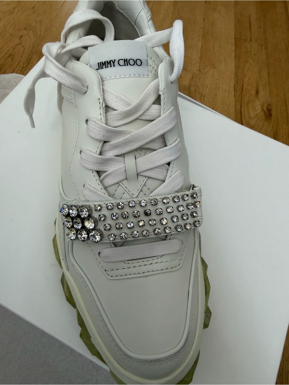Jimmy Choo White Leather Sneaker with Crystal-Embellished Strap